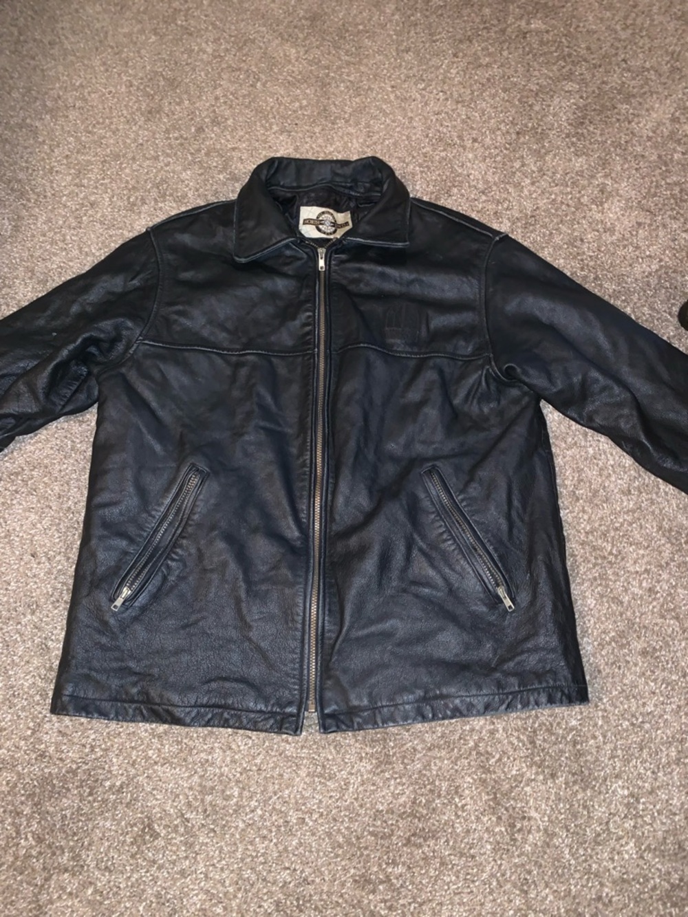 Men's Black Leather Bomber Jacket with Zip Front